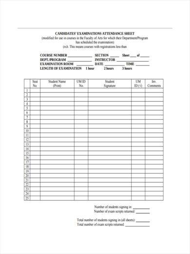 examination attendance sheet