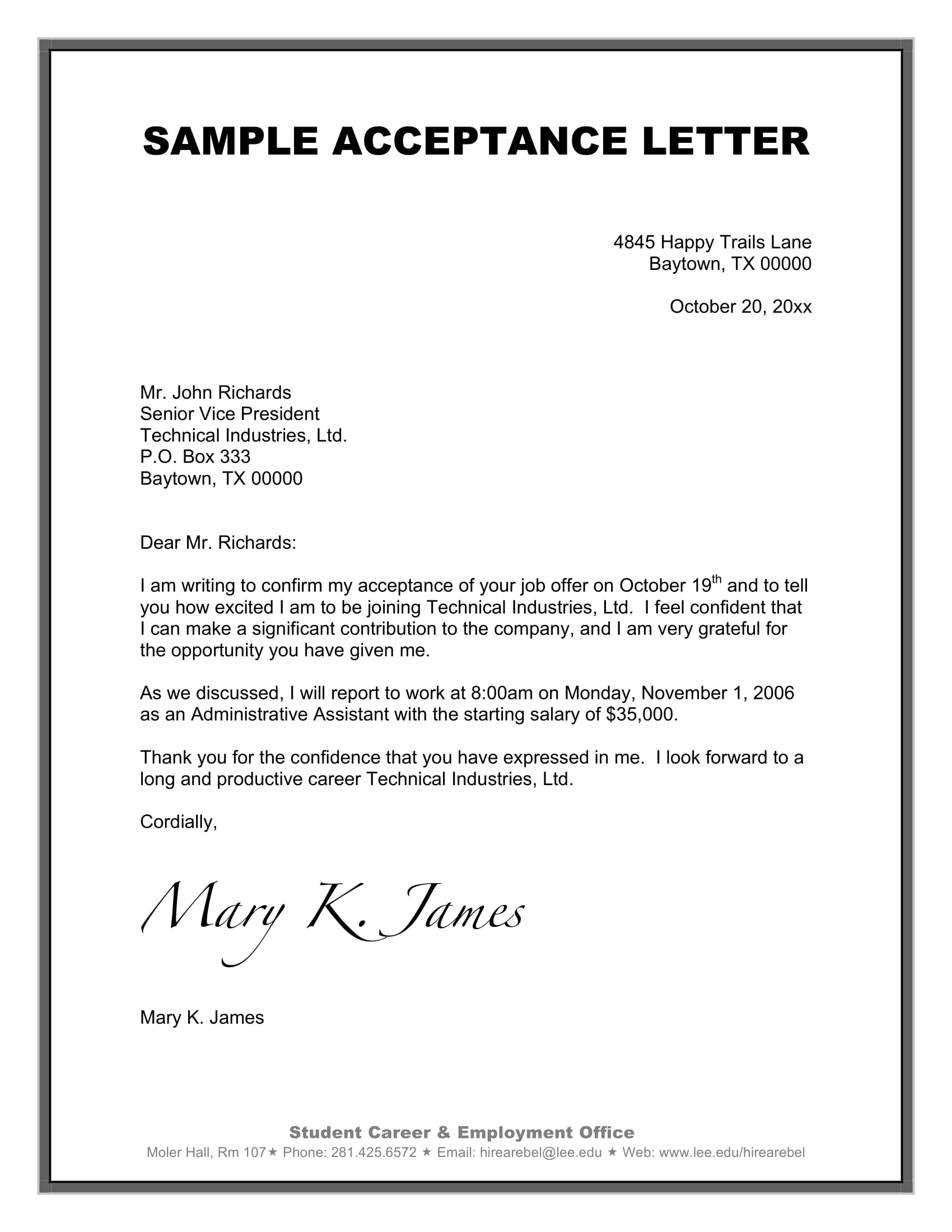 Follow Up Job Acceptance Letter Example