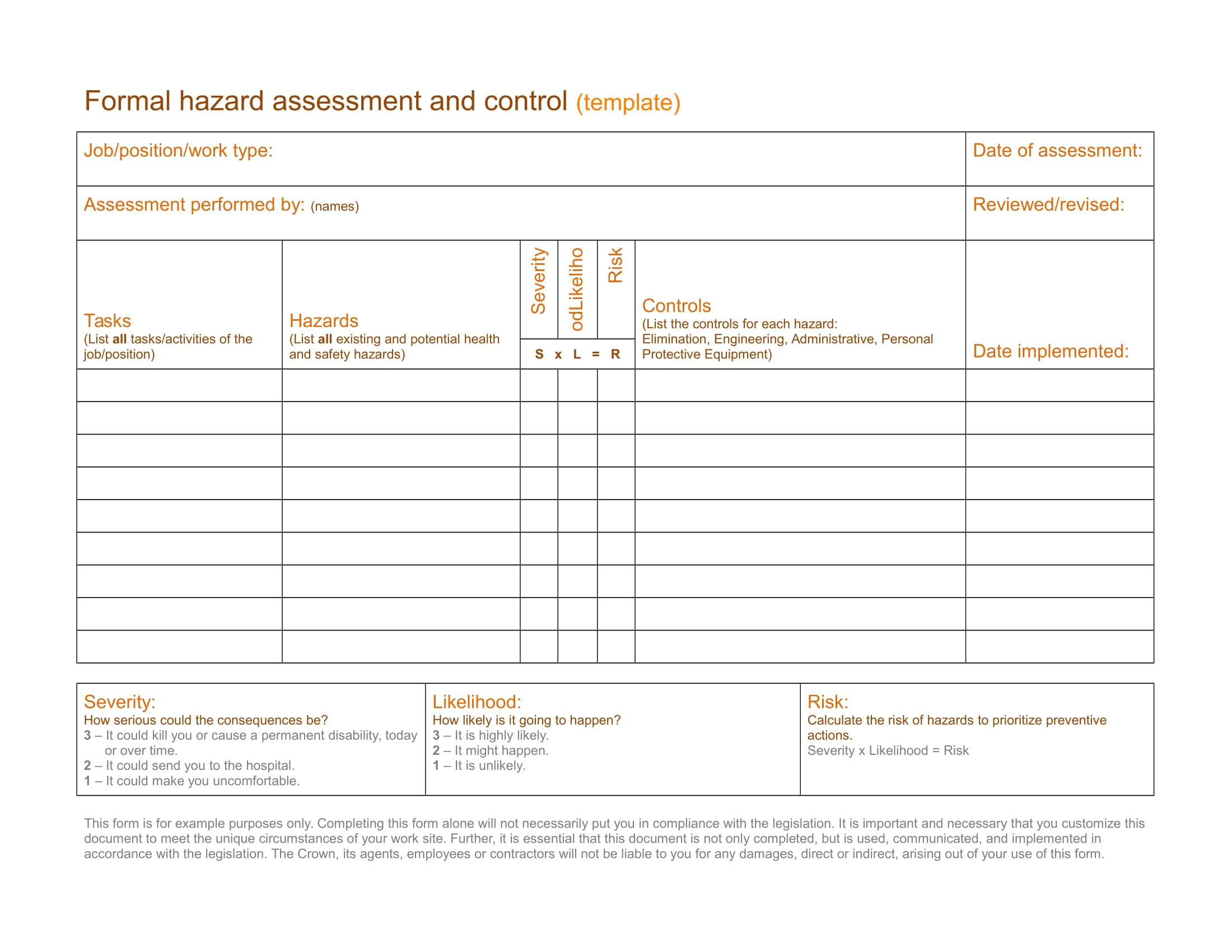 Formal Hazard Assessment and Control Template Example 1