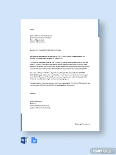 free academic reference letter from professor template
