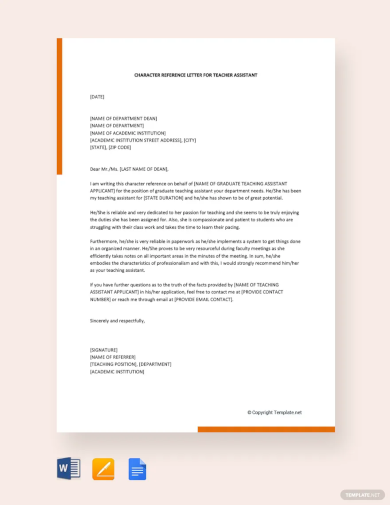 free character reference letter for teacher assistant template