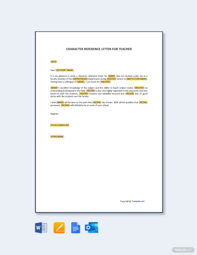 free character reference letter for teacher template