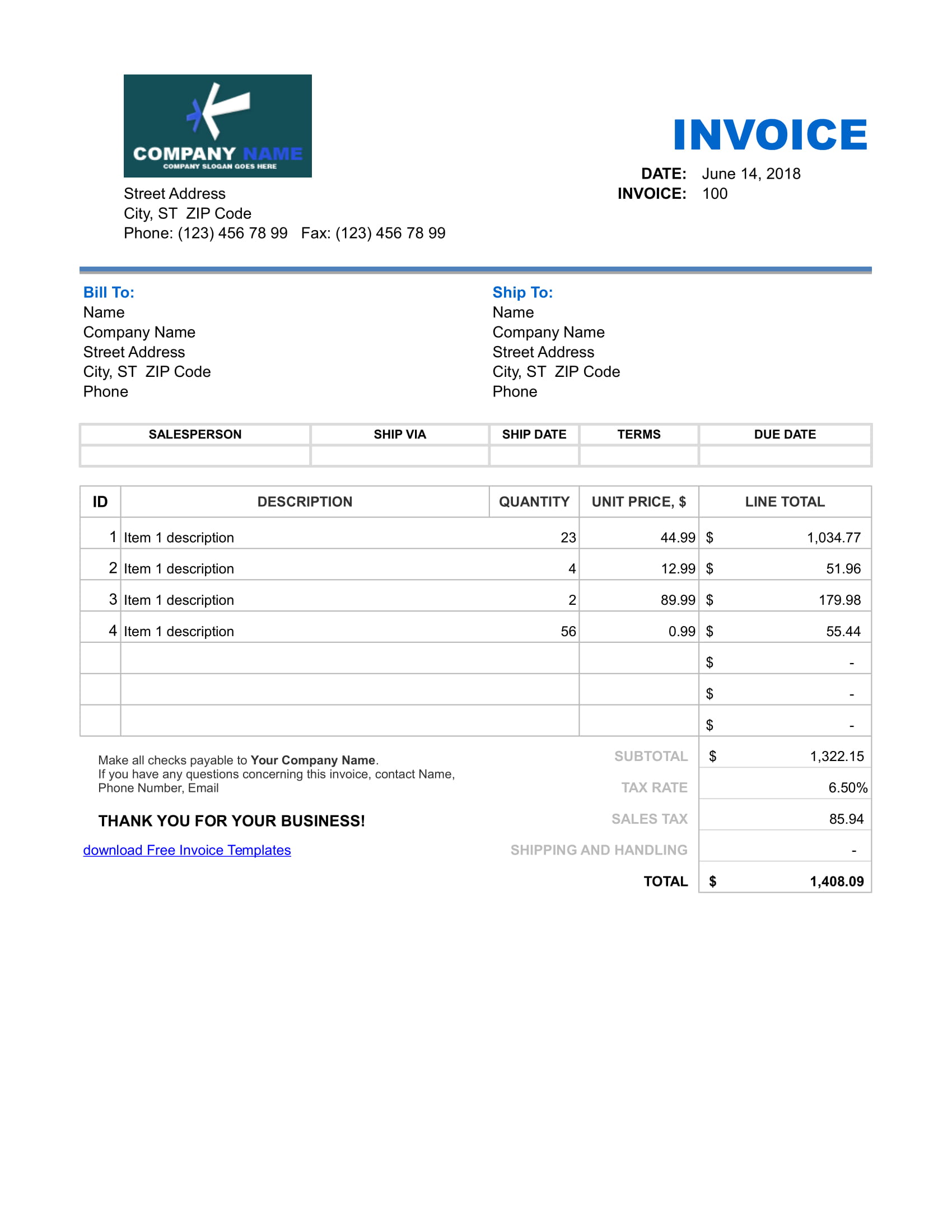 Free Sales Invoice Example