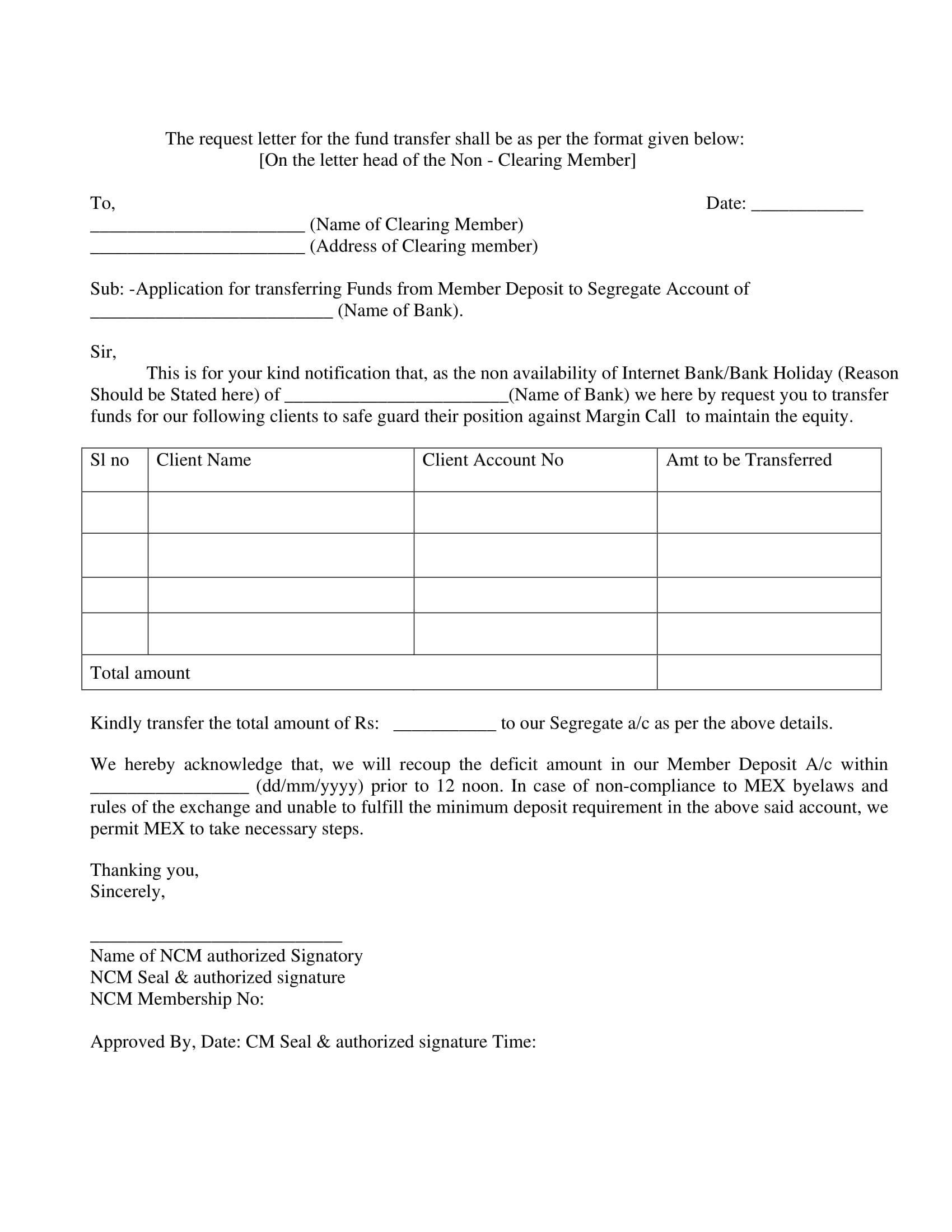 Fund Transfer Request Letter Format Example