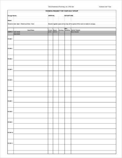 Golf Group Rooming List Form Example