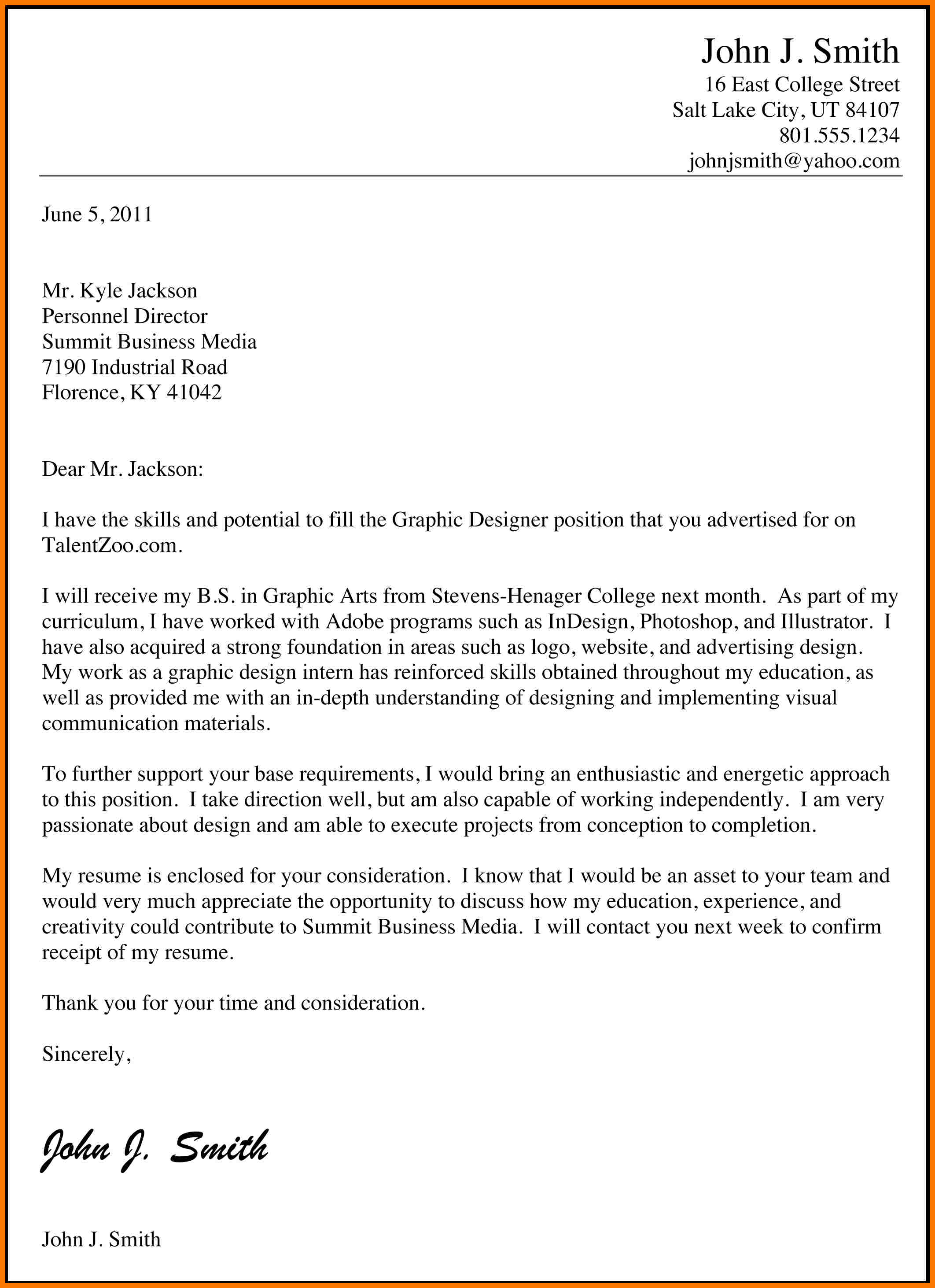 Graphic Designer Job Application Letter Example