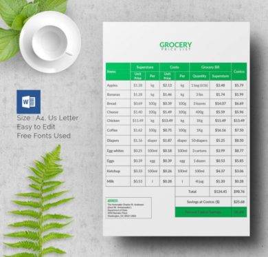 grocery price list template1