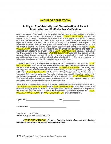 hipaa agreement policy on confidentiality and dissemination example