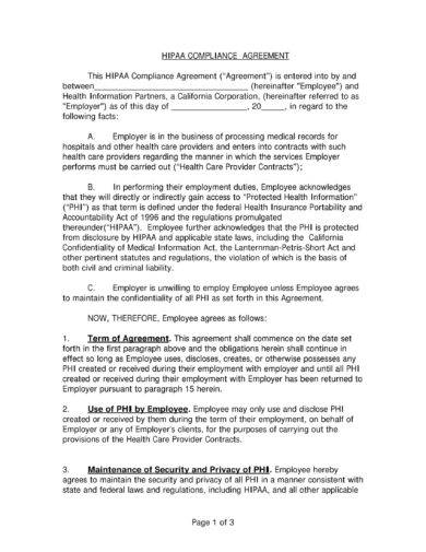 hipaa compliance agreement example
