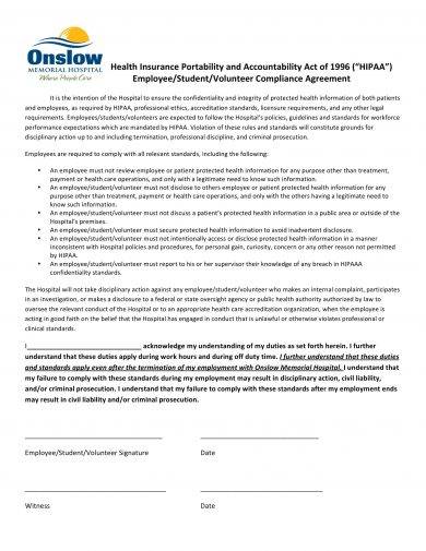 hipaa employee student volunteer compliance agreement example