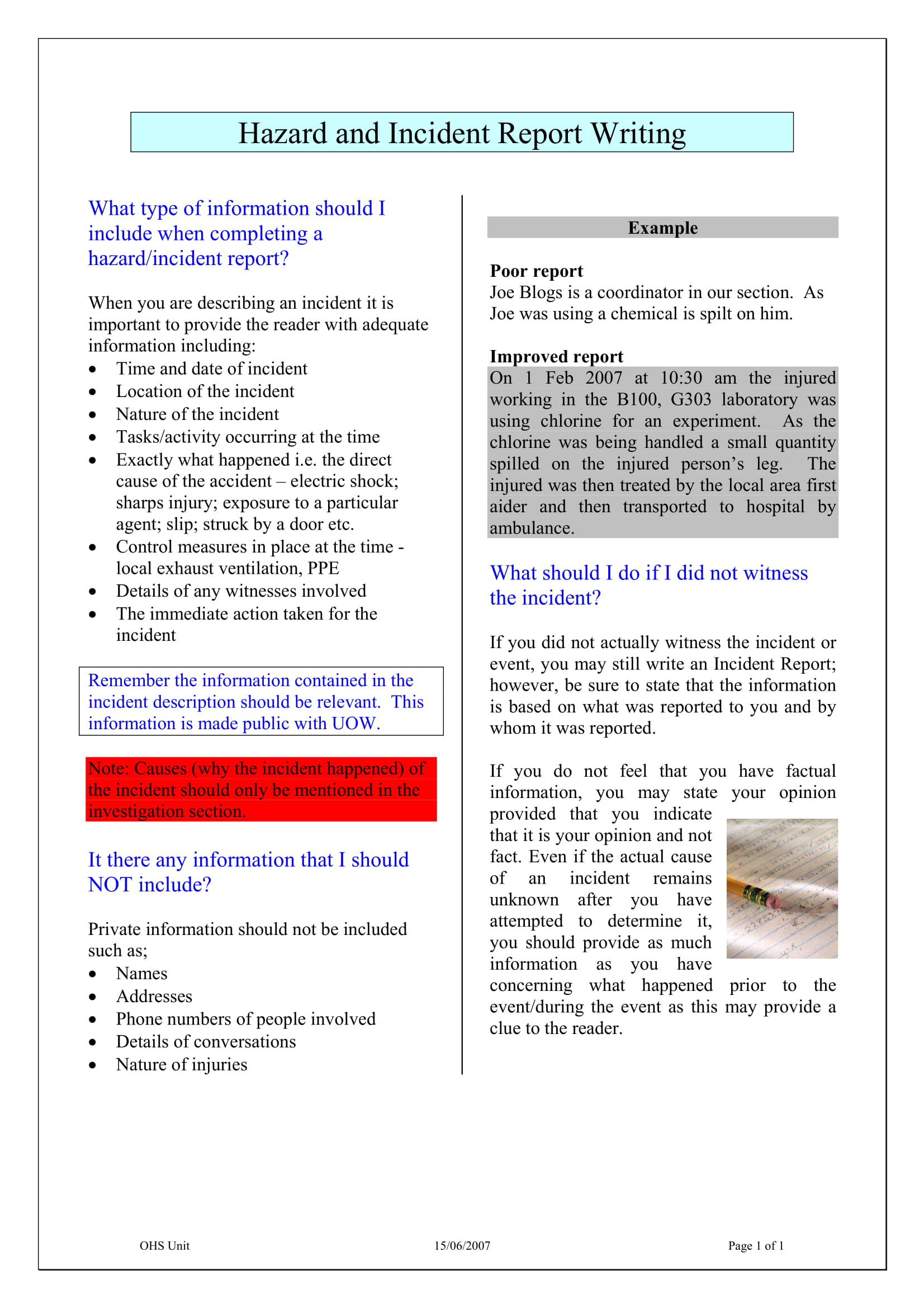 Hazard and Incident Report Writing Example 1