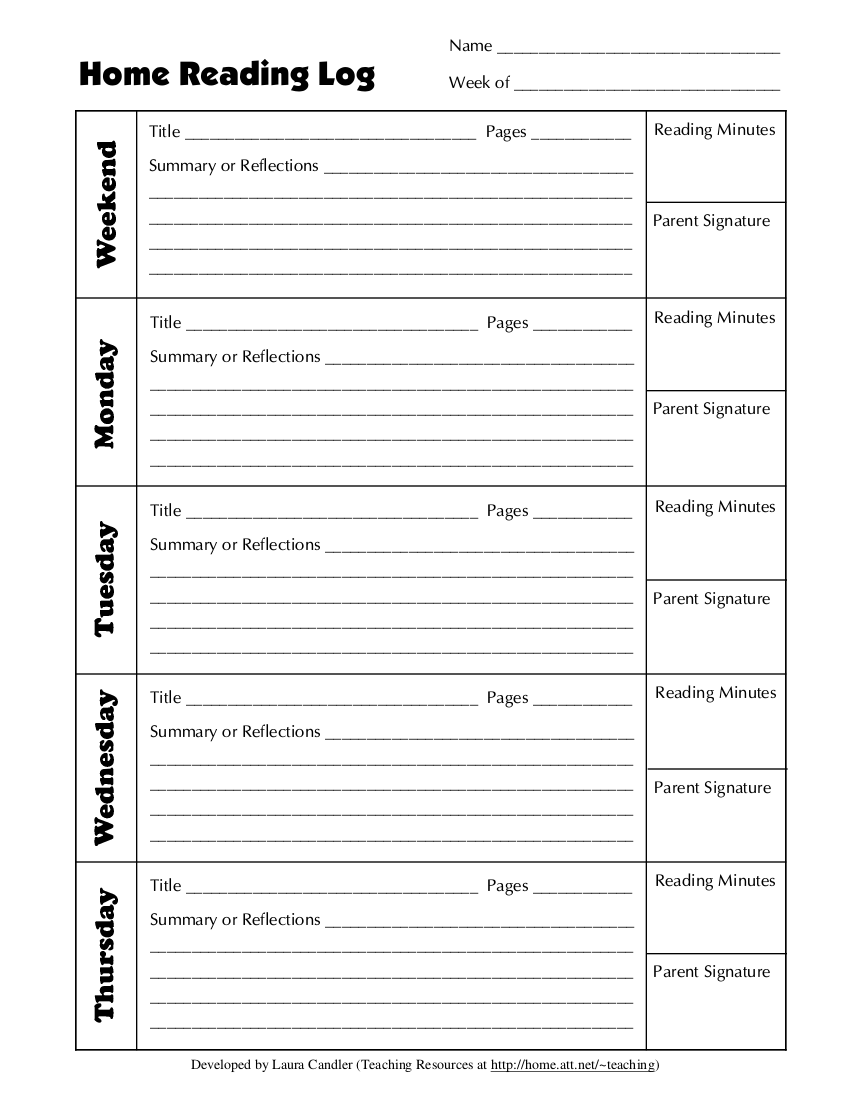 home reading log template example