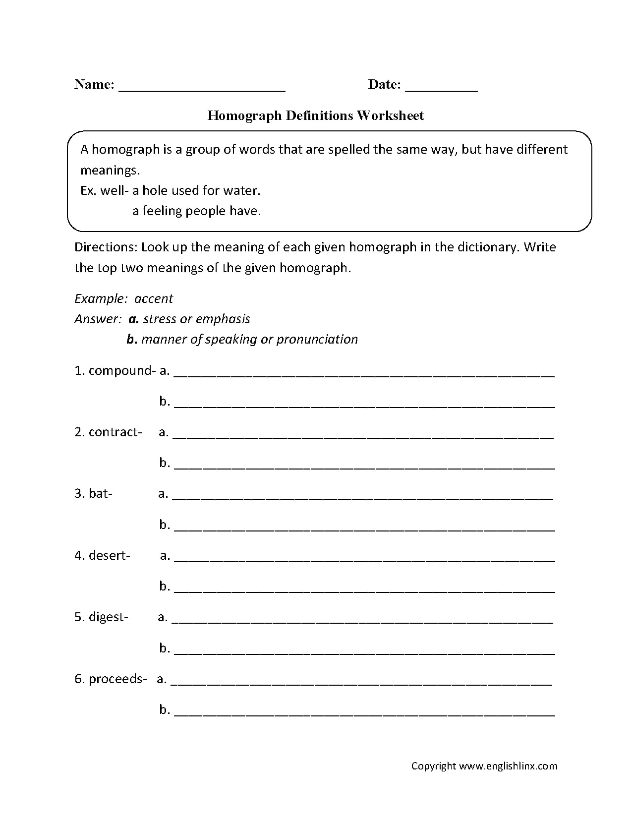 homograph definitions worksheet example