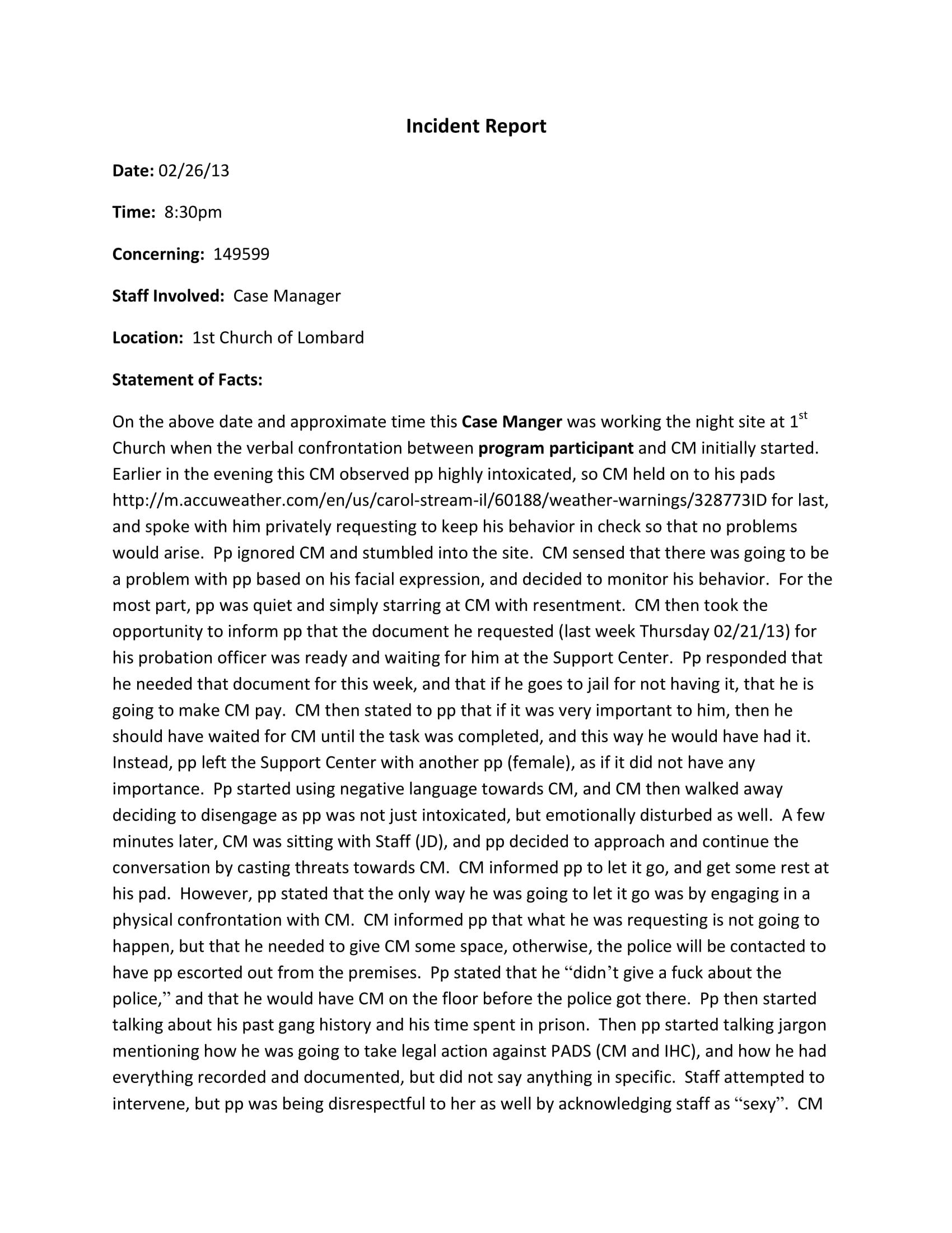 Incident Report Writing 15 Examples Format How To Come Pdf   Incident Report Example 1 