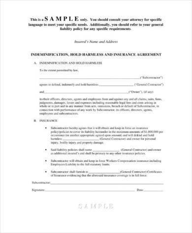 indemnification hold harmless and insurance agreement example1