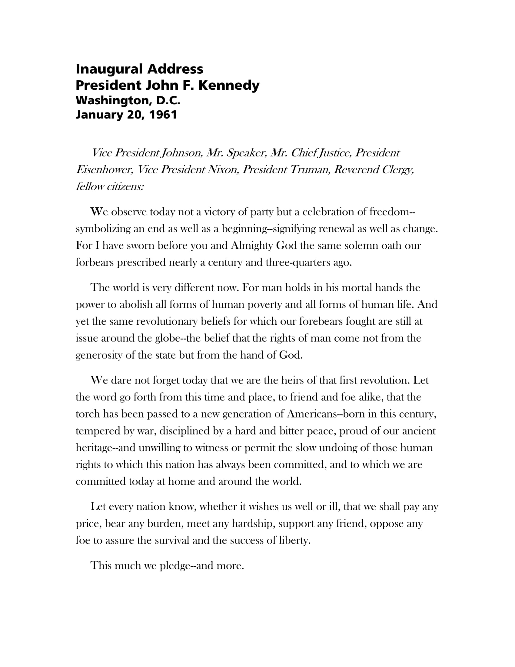 JFK Inaugural Address Example