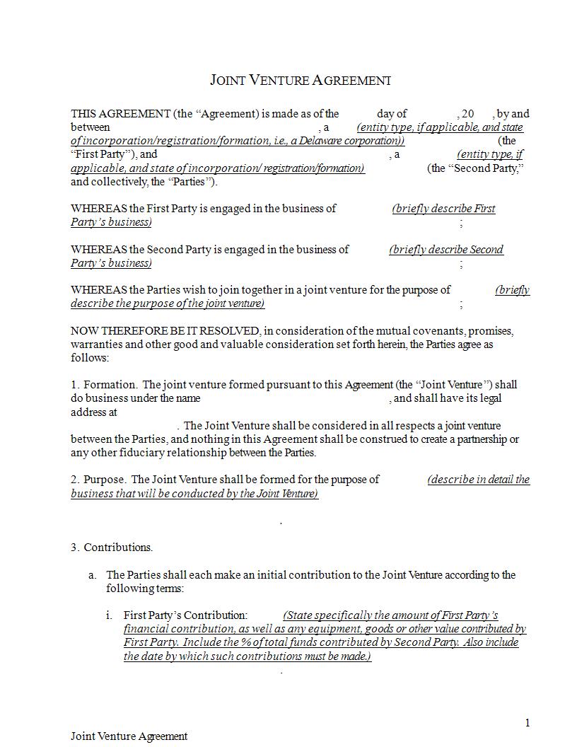 joint venture agreement format