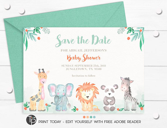 jungle animal themed baby shower save the date example