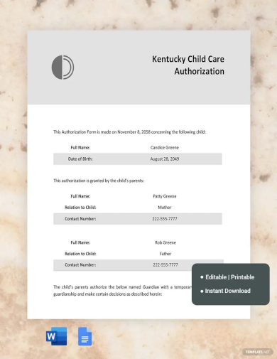Kentucky Child Care Authorization Template