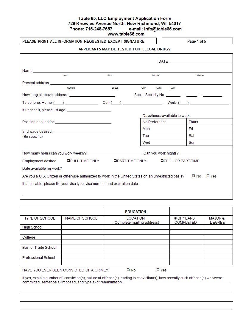 llc employment application form example