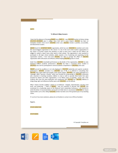 leadership recommendation letter for school student template