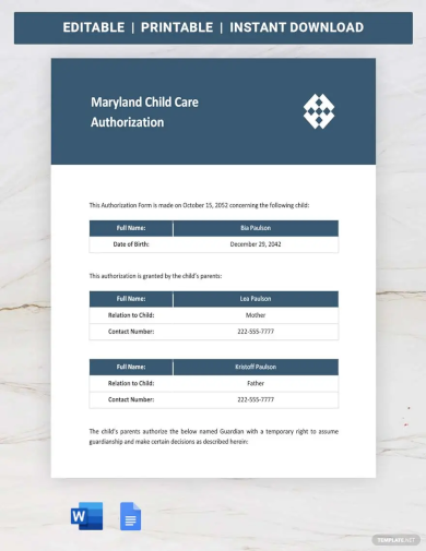 Maryland Child Care Authorization Template