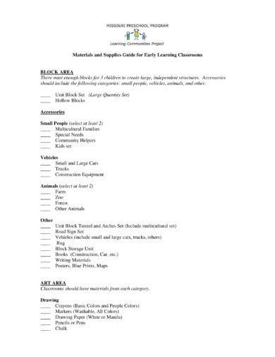 materials and supplies list for classrooms example
