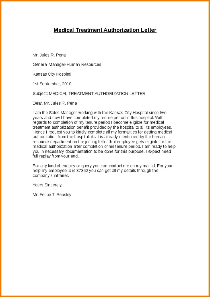 medical treatment authorization letter example