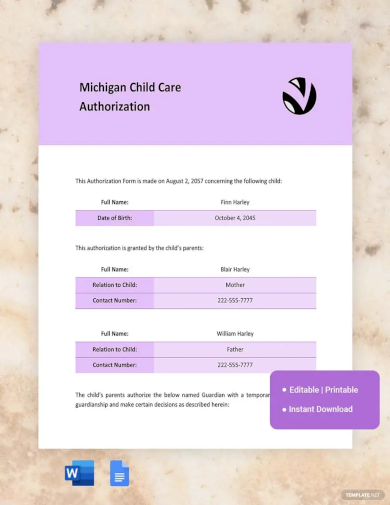 Michigan Child Care Authorization Template