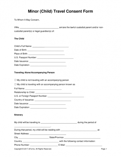 Minor Child Travel Consent Form