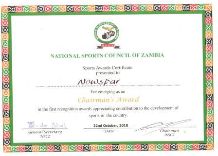 national sports council of zambia award certificate