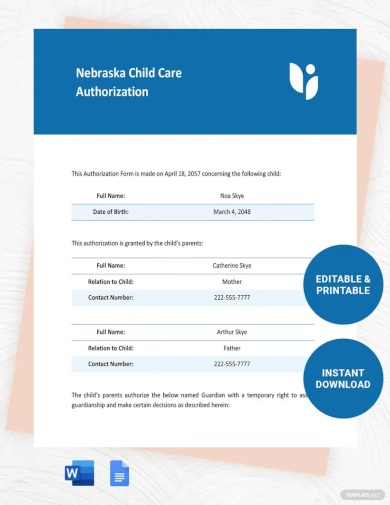 Nebraska Child Care Authorization Template