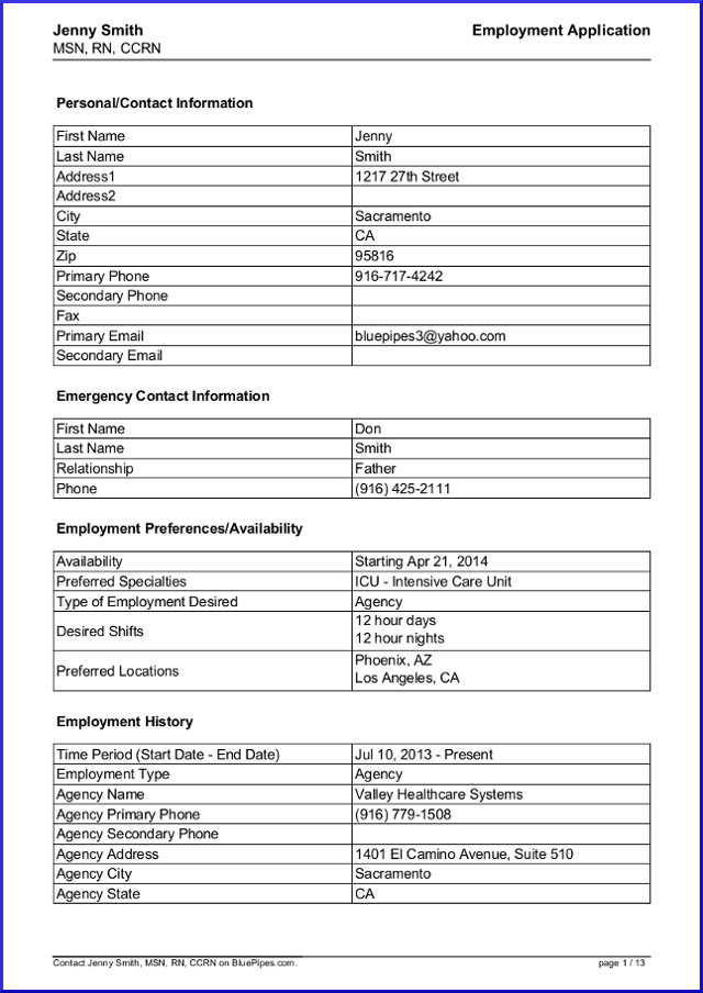 nursing application form for review example