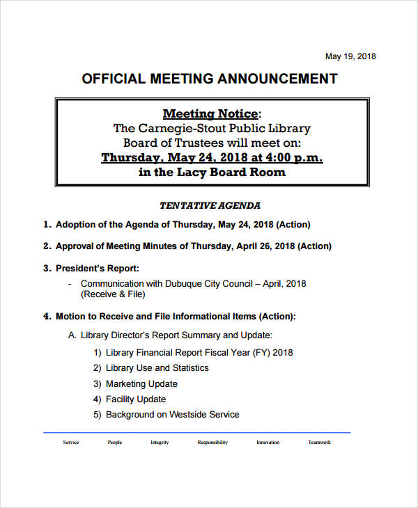 Meeting Announcement 10  Examples Format Pdf