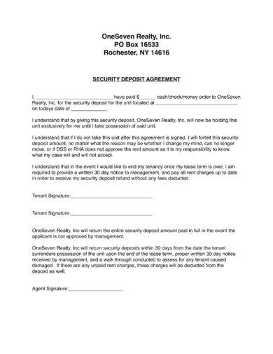 oneseven realty security deposit agreement example1