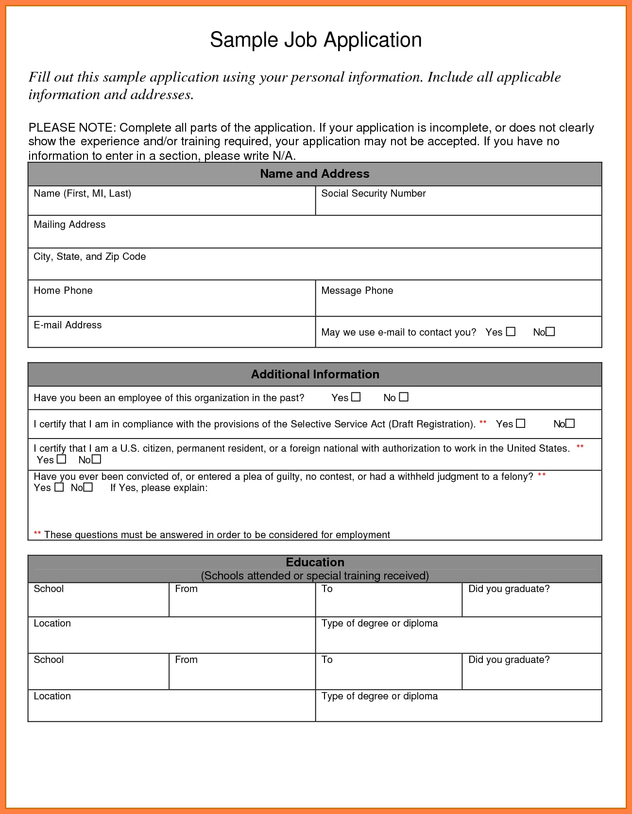 outline for job application form example