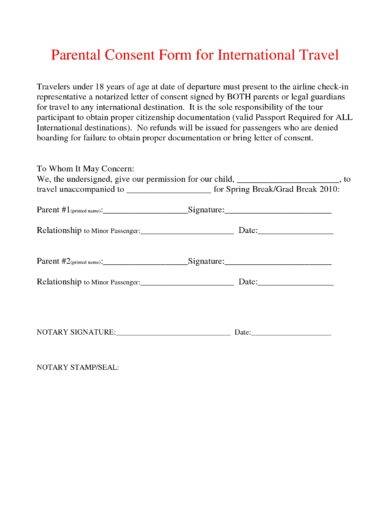 Parental Consent Form for International Travel