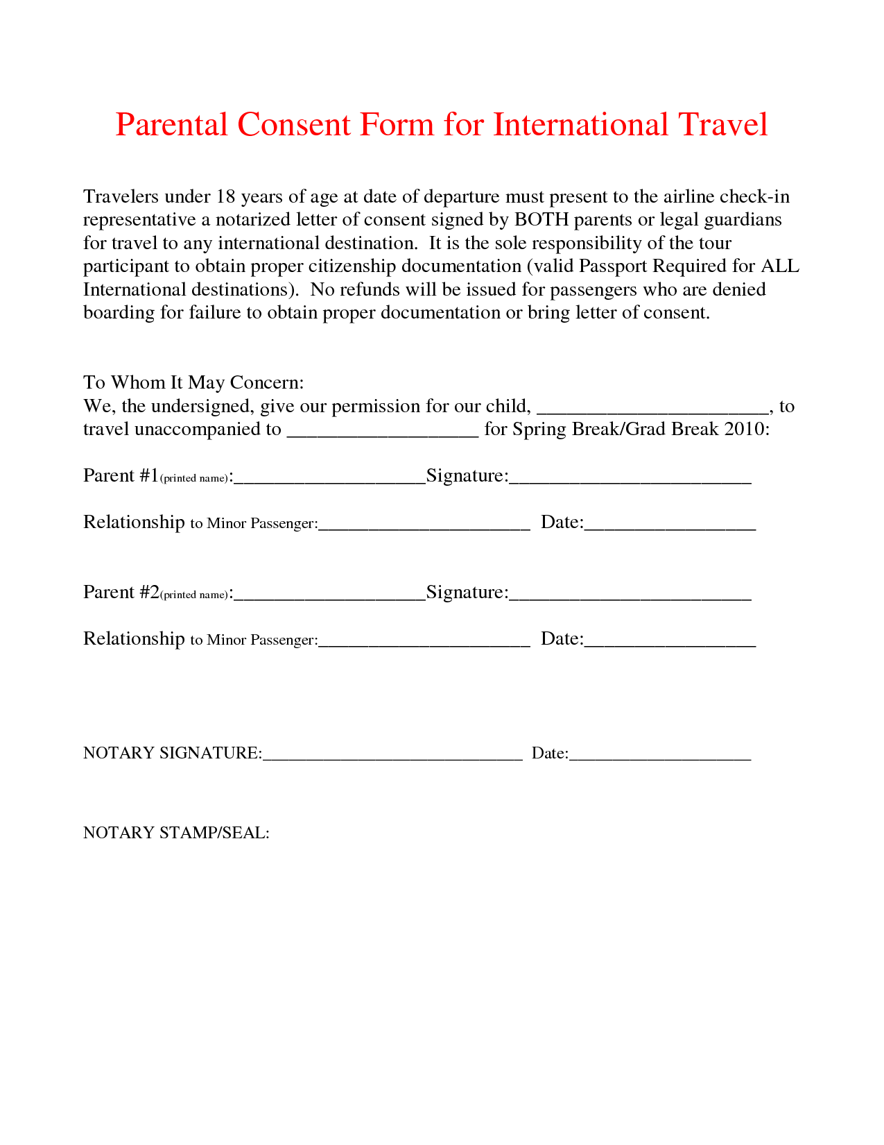 Parental Consent Form for Travelling Abroad Template