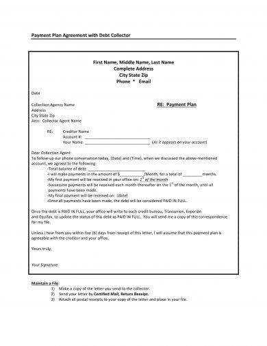 Payment Plan Agreement with Debt Collector Letter Example