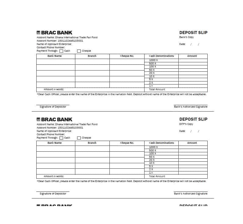 Plain Deposit Slip Example