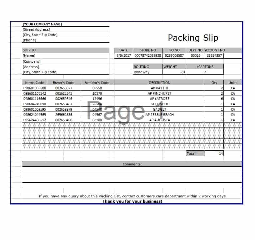 Plain Packing Slip Example