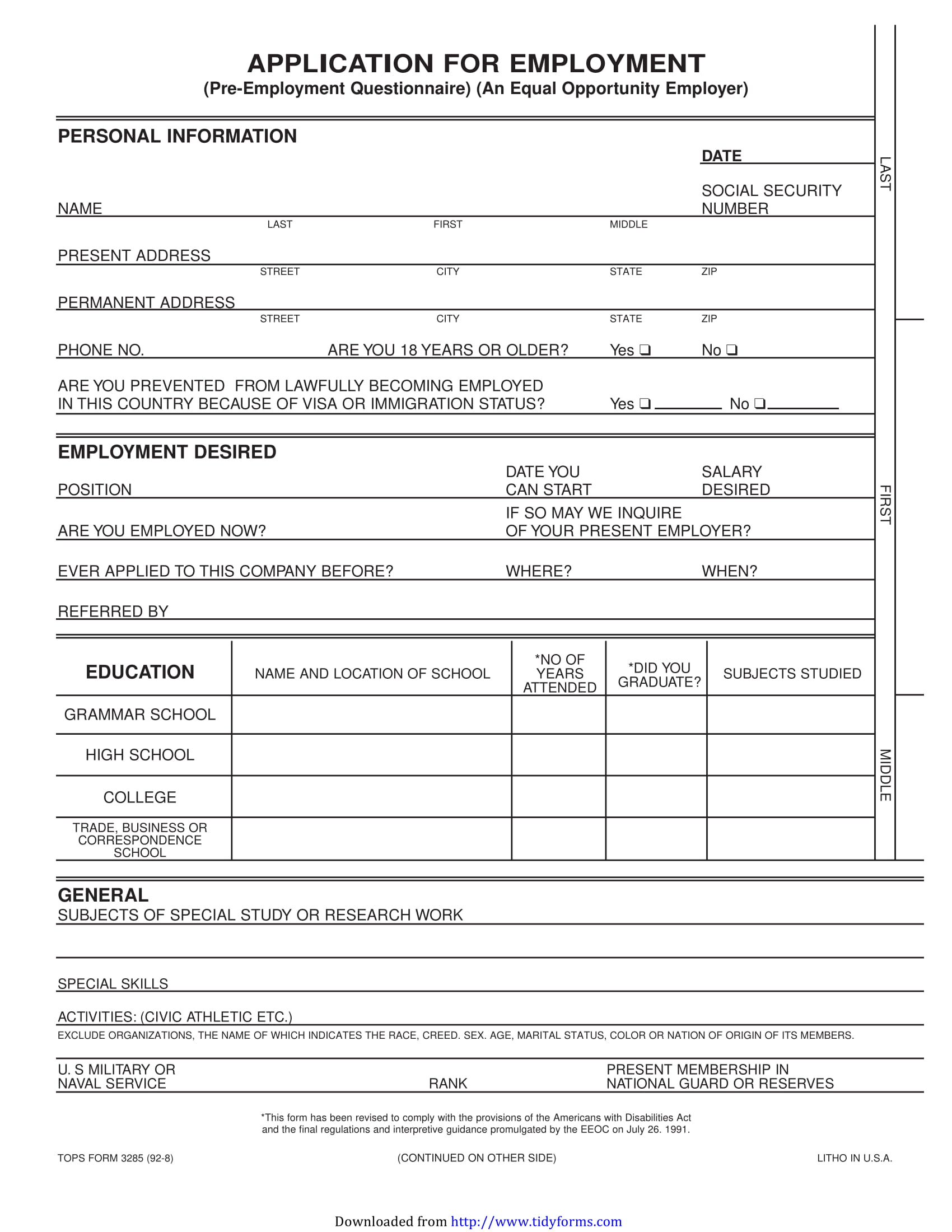 pre employment application form example