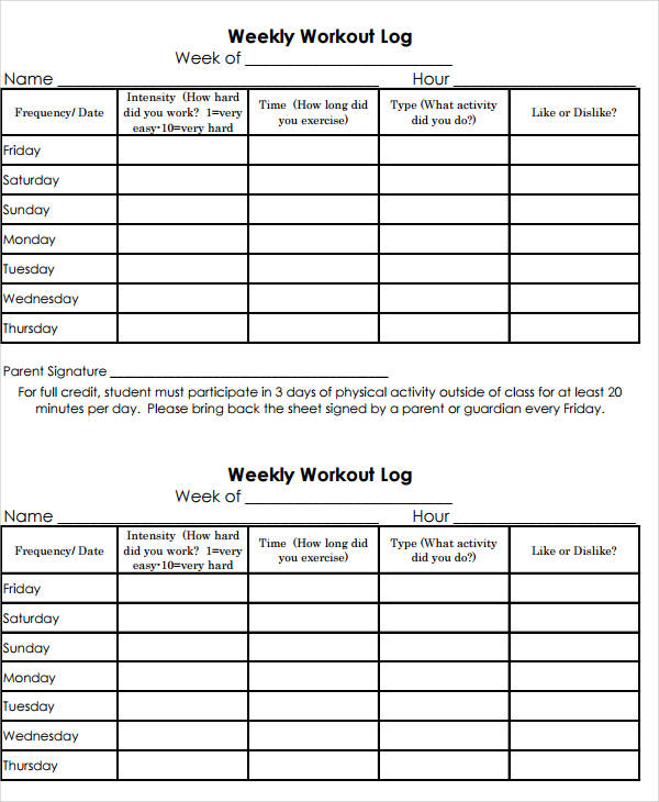 printable weekly workout log