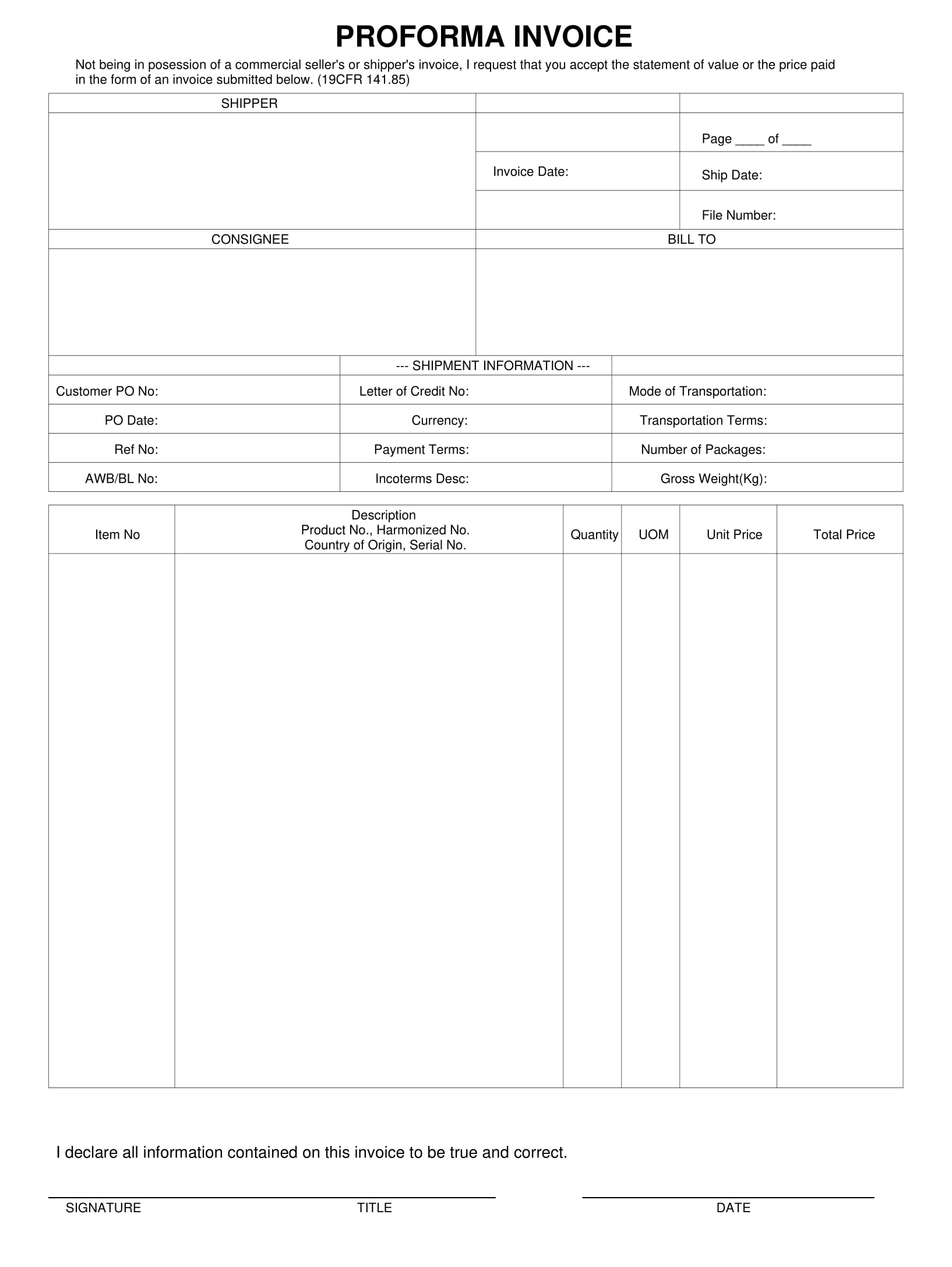 Professional Pro Forma Invoice Example