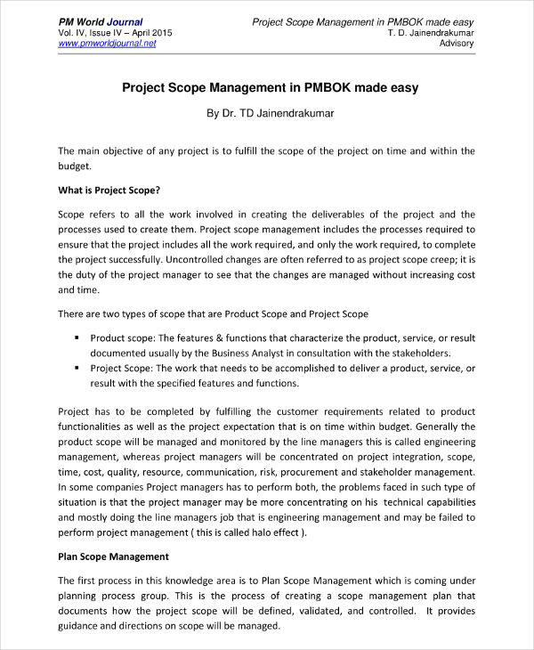 Project Scope Management Planning Example