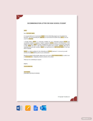 recommendation letter for high school student template