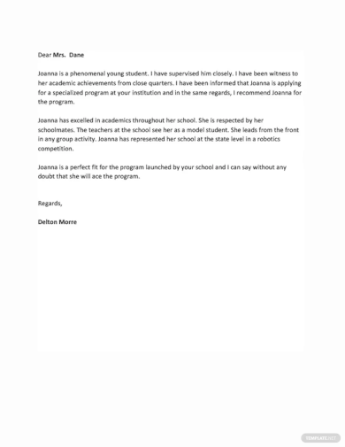 recommendation letter template for student
