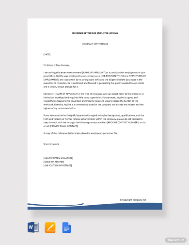 Reference Letter for Employee Leaving Template