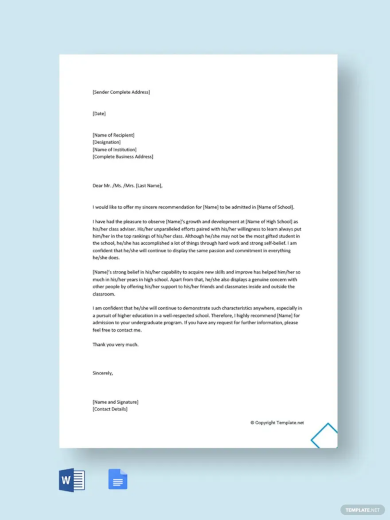 reference letter for school admission template