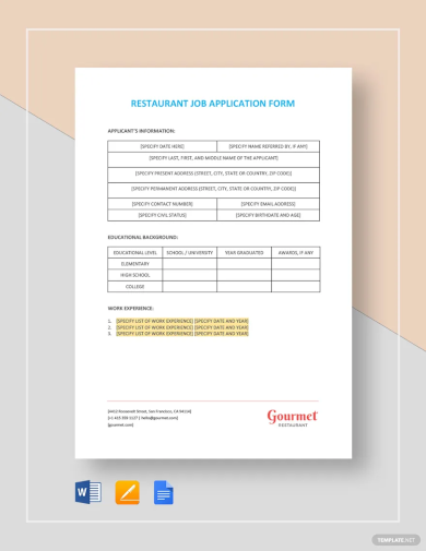 restaurant job application form template